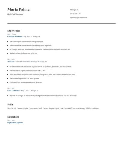 Golf Cart Mechanic Resume