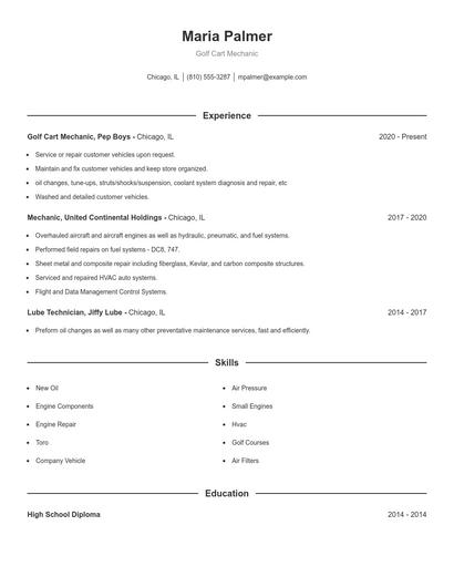 Golf Cart Mechanic Resume