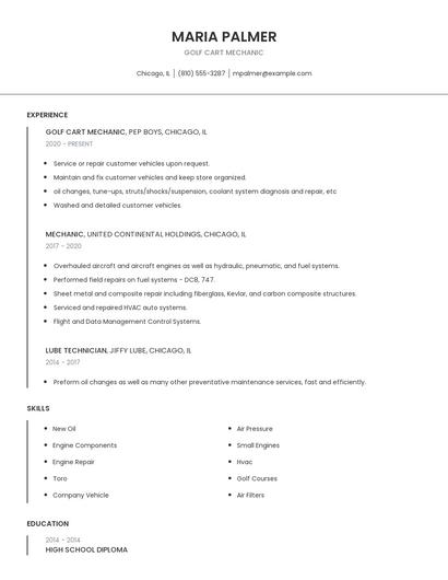 Golf Cart Mechanic Resume