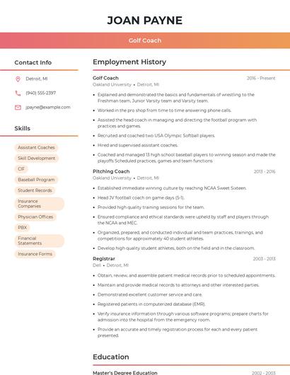 Golf Coach Resume