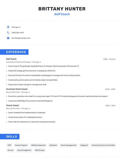 Golf Coach Resume