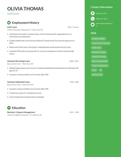 Golf Coach Resume