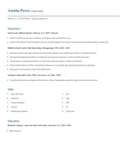 Golf Coach Resume