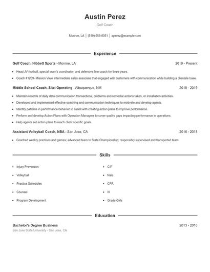 Golf Coach Resume