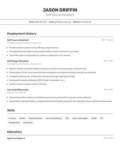 Golf Course Assistant Resume