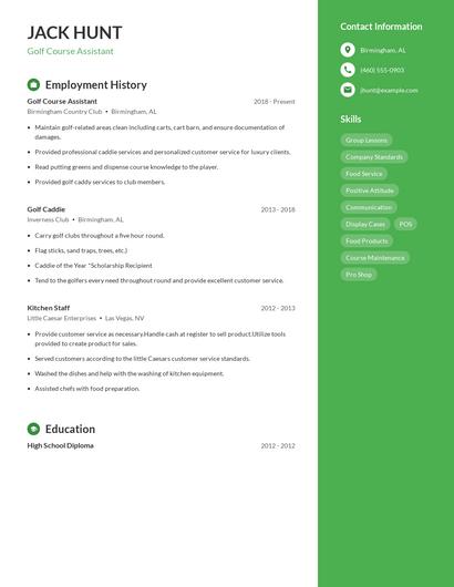 Golf Course Assistant Resume