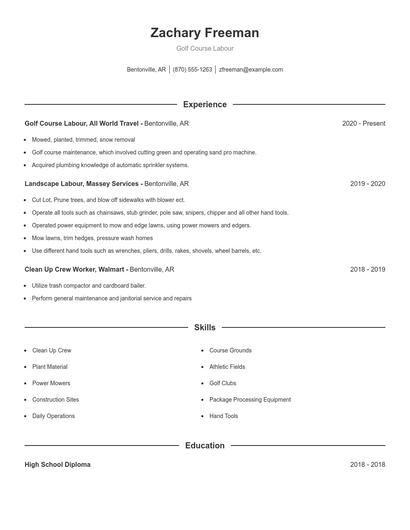 Golf Course Labour Resume