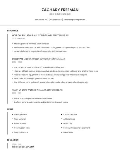 Golf Course Labour Resume