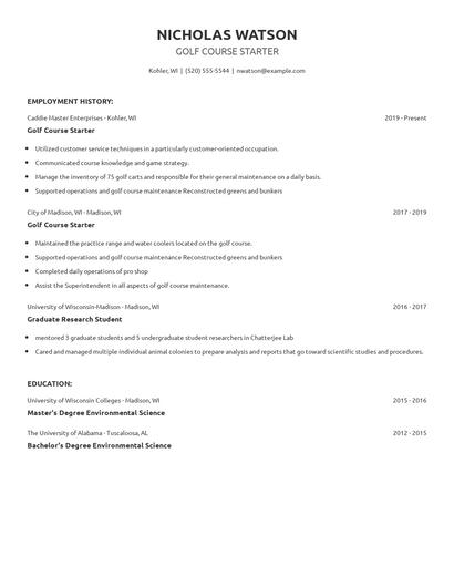 Golf Course Starter Resume