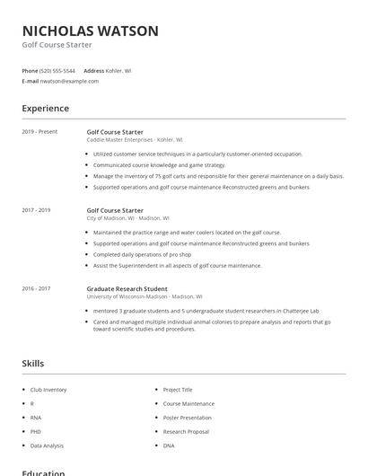 Golf Course Starter Resume