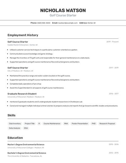 Golf Course Starter Resume