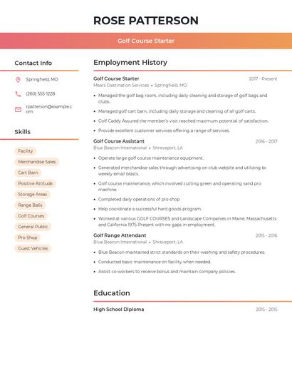 Golf Course Starter Resume