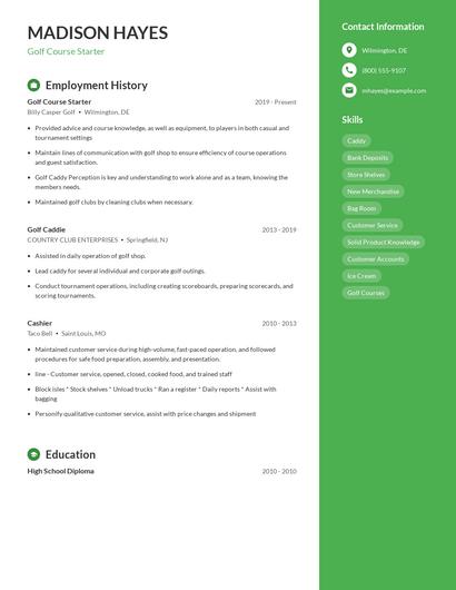 Golf Course Starter Resume