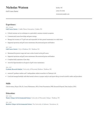 Golf Course Starter Resume