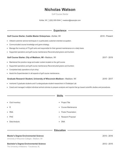 Golf Course Starter Resume