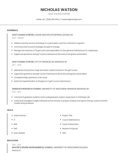 Golf Course Starter Resume