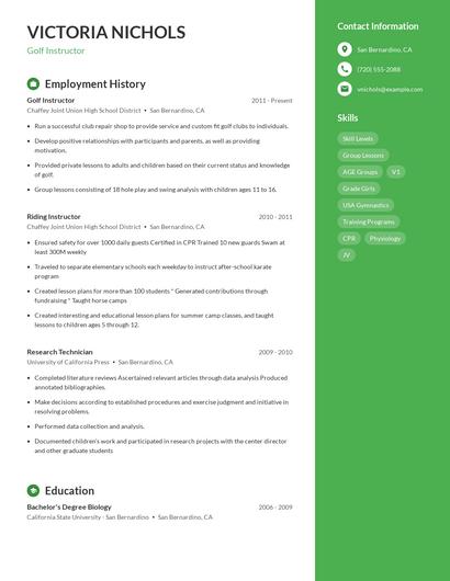 Golf Instructor Resume