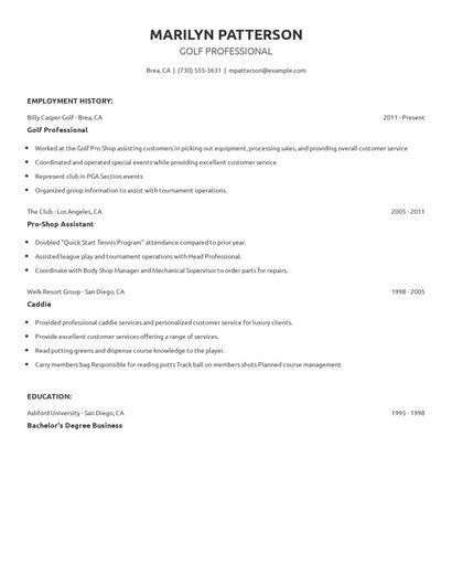 Golf Professional Resume