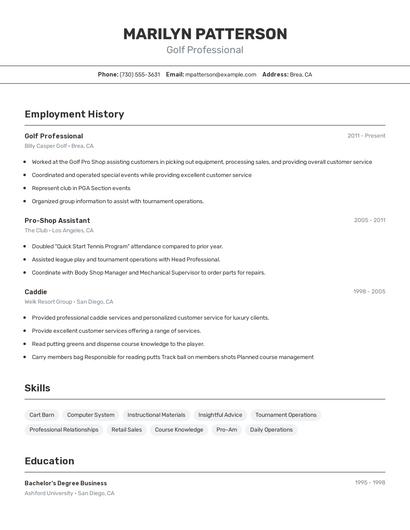 Golf Professional Resume