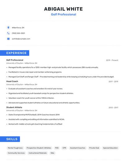 Golf Professional Resume