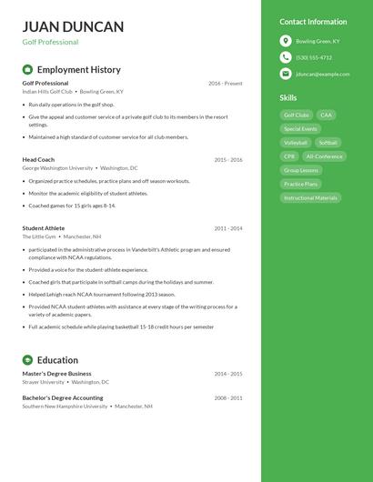 Golf Professional Resume