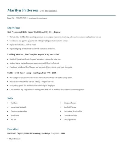 Golf Professional Resume