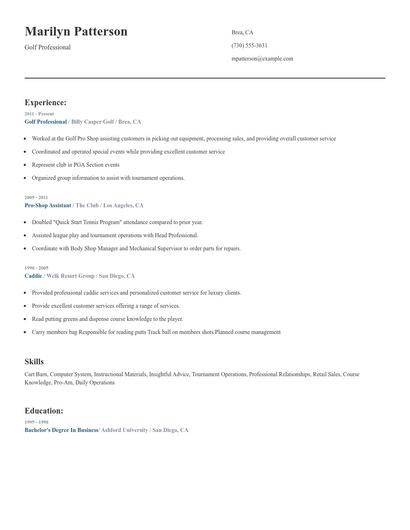 Golf Professional Resume