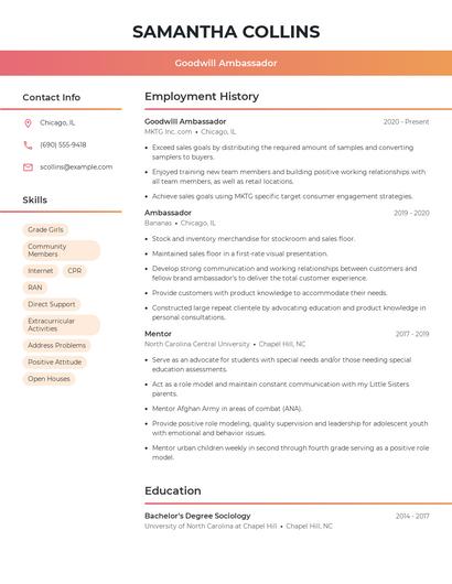 Goodwill Ambassador Resume