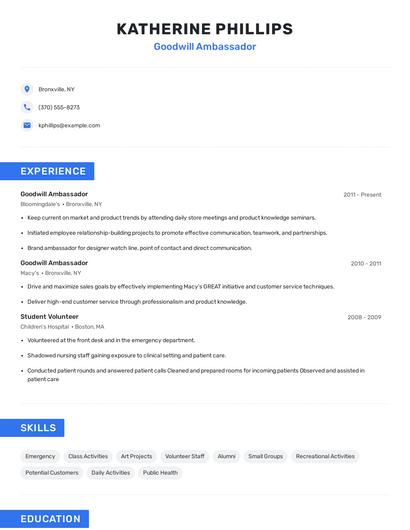 Goodwill Ambassador Resume