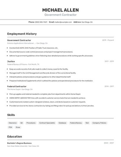 Government Contractor Resume