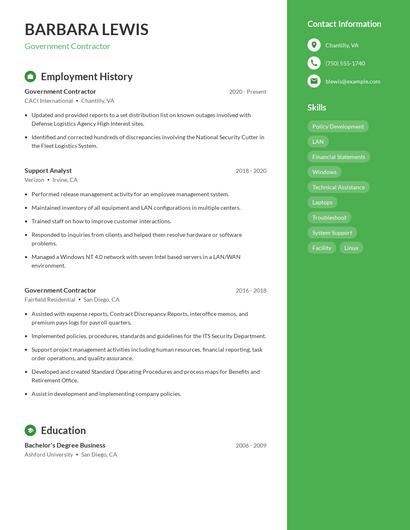 Government Contractor Resume