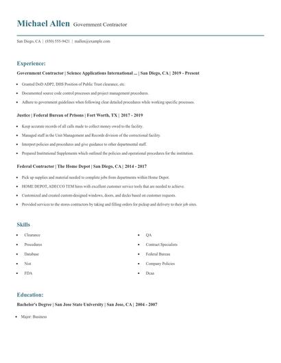 Government Contractor Resume