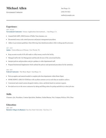 Government Contractor Resume
