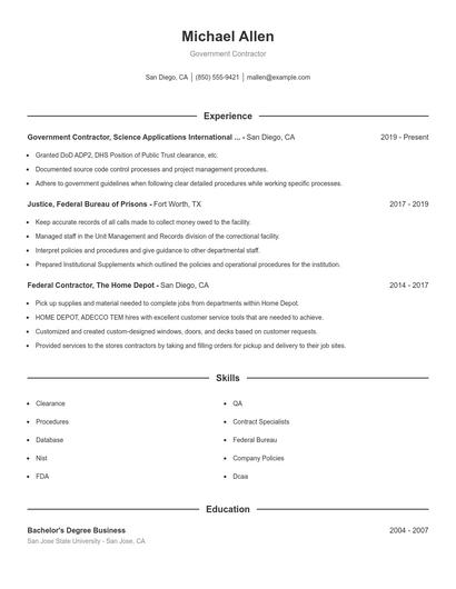 Government Contractor Resume