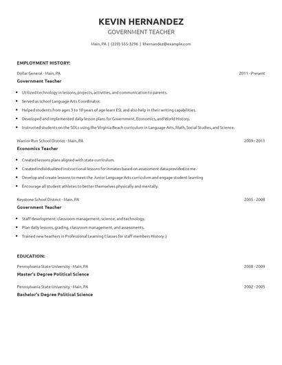 Government Teacher Resume