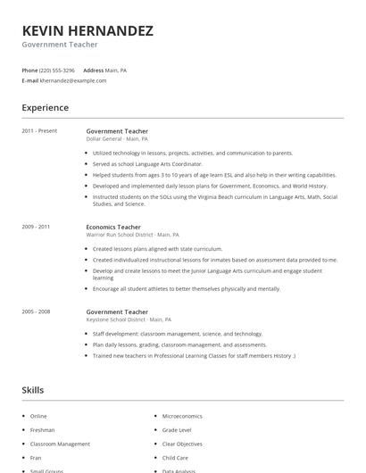 Government Teacher Resume