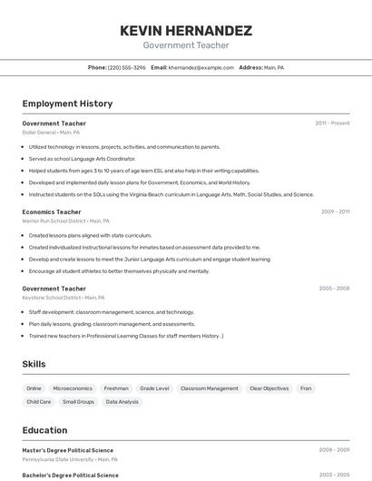 Government Teacher Resume