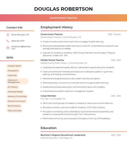 Government Teacher Resume