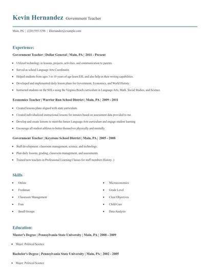 Government Teacher Resume