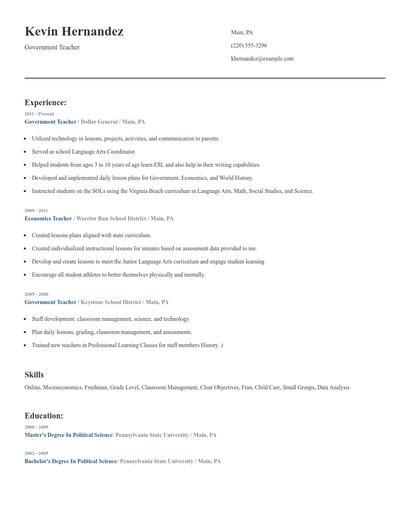 Government Teacher Resume