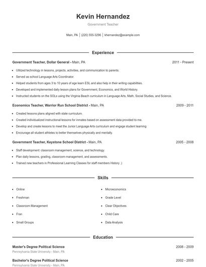 Government Teacher Resume