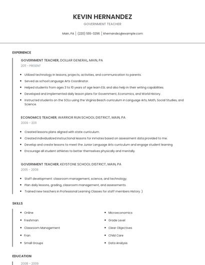 Government Teacher Resume