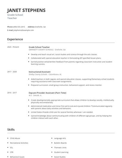 Grade School Teacher Resume