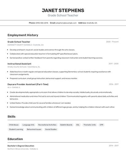 Grade School Teacher Resume