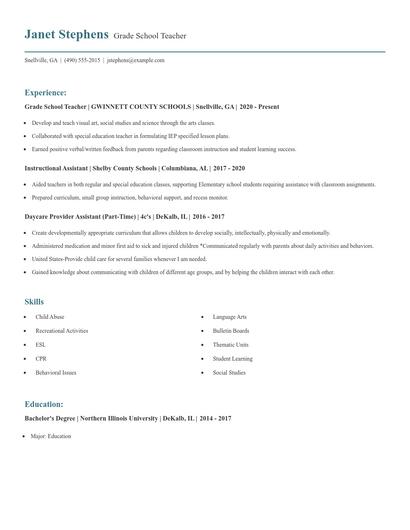 Grade School Teacher Resume