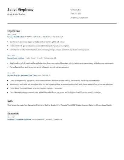 Grade School Teacher Resume