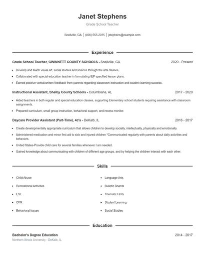 Grade School Teacher Resume