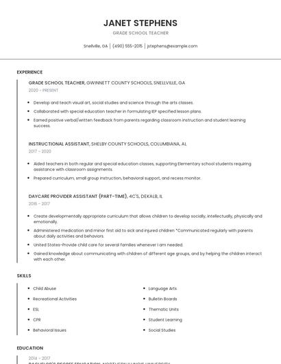 Grade School Teacher Resume