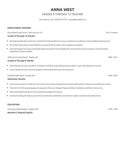 Grades 9 Through 12 Teacher Resume
