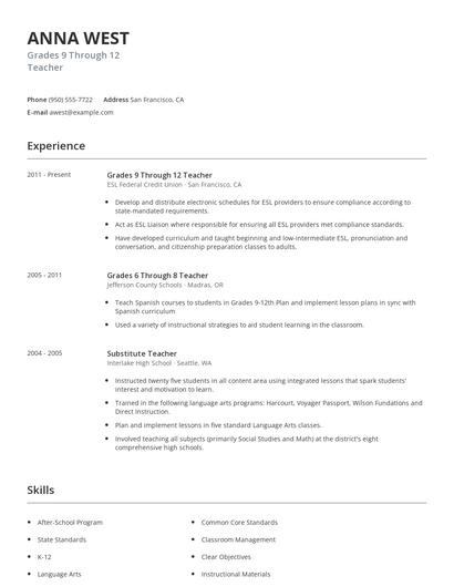 Grades 9 Through 12 Teacher Resume
